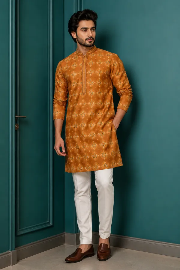Mustard_Orange_Geometric_Printed_Festive_Kurta_For_Men_Coming_Soon