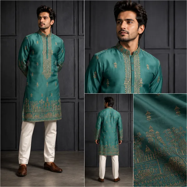 Teal_Green_Gold_Embroidered_Festive_Kurta_For_Men_Coming_Soon