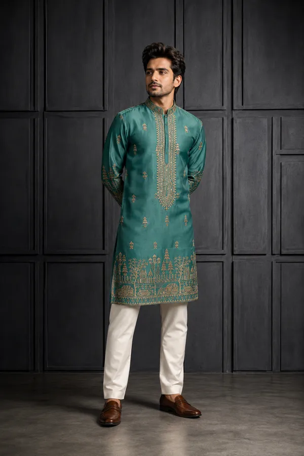 Teal_Green_Gold_Embroidered_Festive_Kurta_For_Men_Coming_Soon