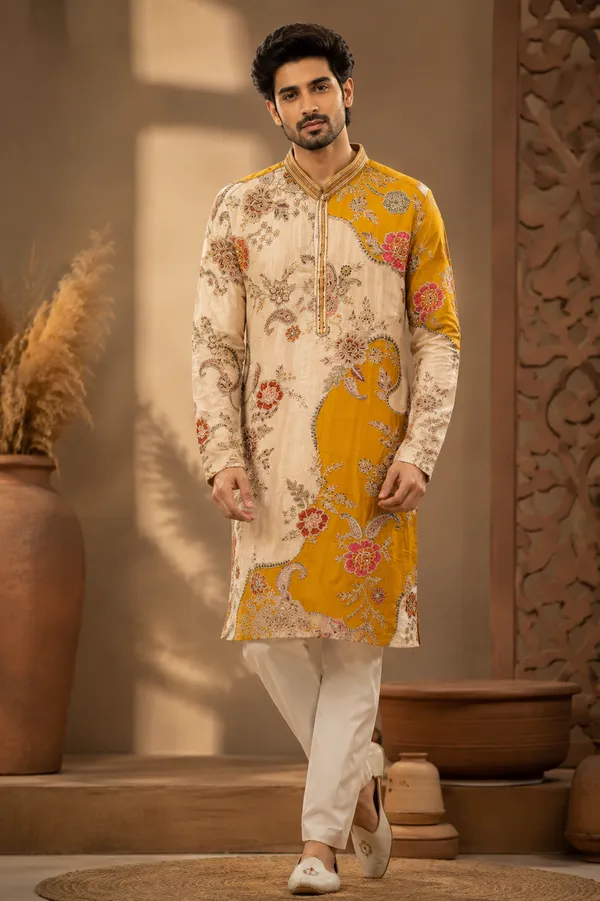 Mustard_Ivory_Floral_Printed_Festive_Kurta_For_Men_Coming_Soon