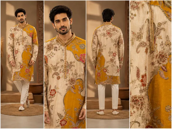 Mustard_Ivory_Floral_Printed_Festive_Kurta_For_Men_Coming_Soon