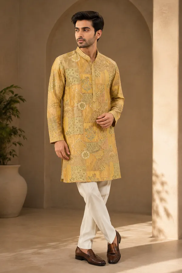 Mustard_Gold_Patchwork_Embroidered_Kurta_For_Men_Coming_Soon