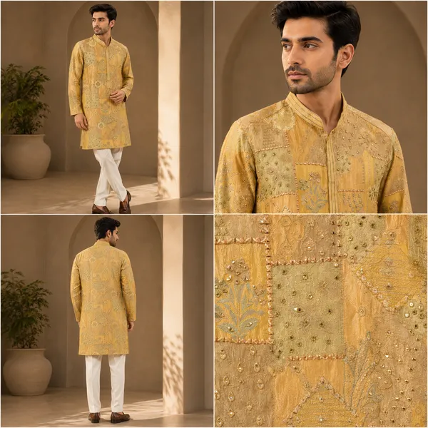 Mustard_Gold_Patchwork_Embroidered_Kurta_For_Men_Coming_Soon