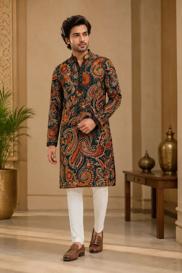 Teal_Paisley_Printed_Festive_Kurta_For_Men_Coming_Soon