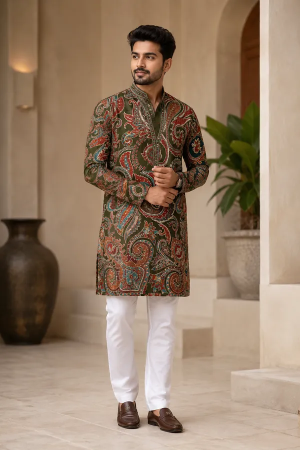 Olive_Green_Paisley_Printed_Festive_Kurta_For_Men_Coming_Soon