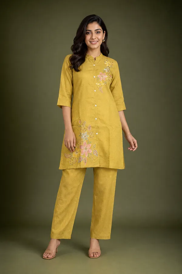Mustard_Yellow_Floral_Embroidered_Kurta_Pant_Set_Pista