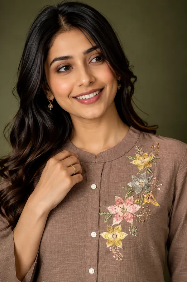 Mocha_Brown_Floral_Embroidered_Kurta_Pant_Set_Cocoa_Brown