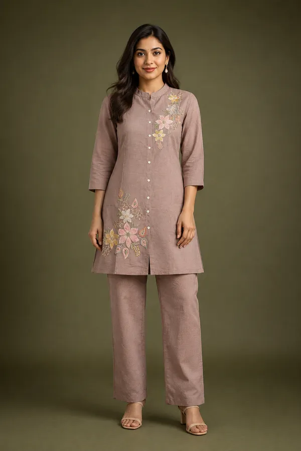 Mocha_Brown_Floral_Embroidered_Kurta_Pant_Set_Cocoa_Brown