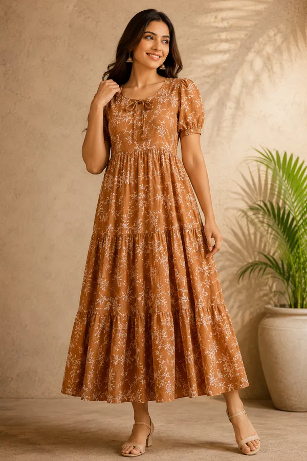 Rust_Brown_Floral_Tiered_Puff_Sleeve_Maxi_Dress_Mocha_Brown