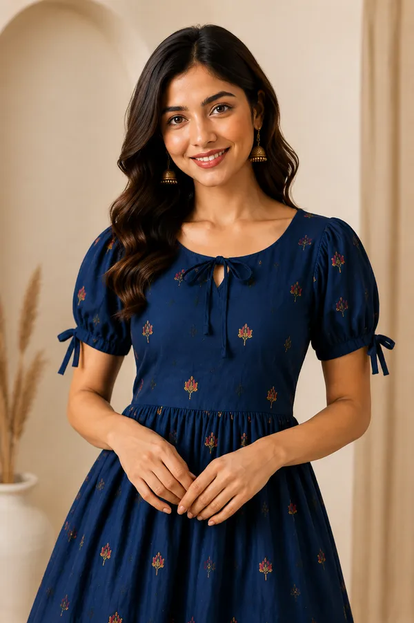 Navy_Blue_Floral_Tie_Up_Puff_Sleeve_Midi_Dress_Royal_Blue
