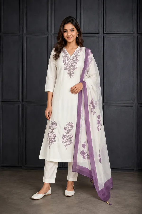 Women_S_Elegant_Ivory_Kurta_Pant_Set_With_Purple_Floral_Dupatta_1_White