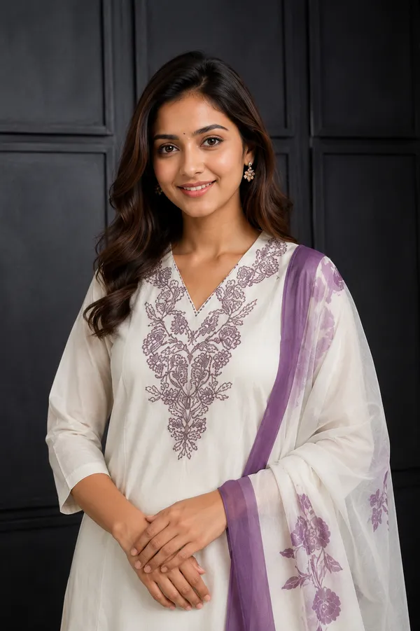 Women_S_Elegant_Ivory_Kurta_Pant_Set_With_Purple_Floral_Dupatta_1_White