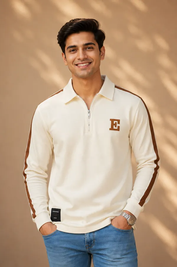 Men_S_Off_White_Half_Zip_Polo_T_Shirt_With_Contrast_Sleeve_Stripes_White