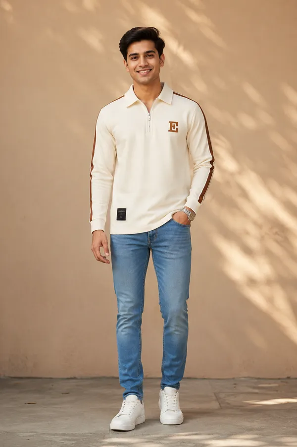 Men_S_Off_White_Half_Zip_Polo_T_Shirt_With_Contrast_Sleeve_Stripes_White