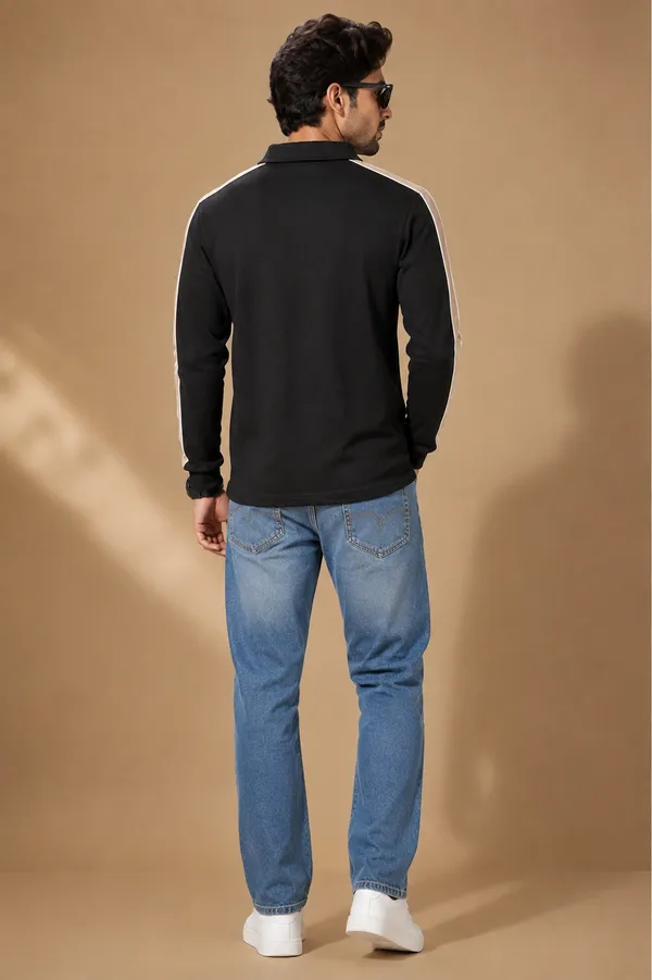 Men_S_Black_Half_Zip_T_Shirt_With_Contrast_Sleeve_Stripes_Black