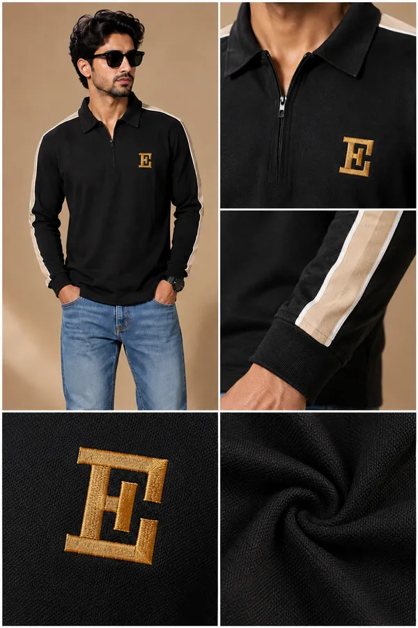 Men_S_Black_Half_Zip_T_Shirt_With_Contrast_Sleeve_Stripes_Black