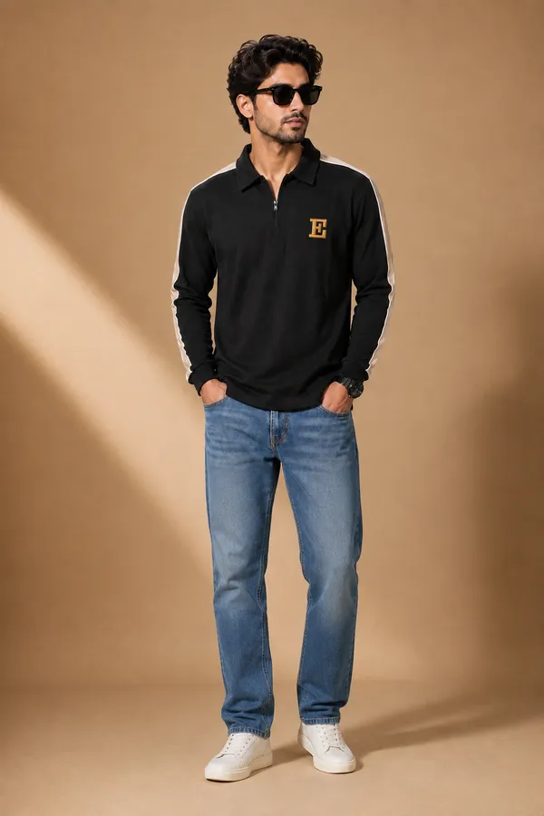 Men_S_Black_Half_Zip_T_Shirt_With_Contrast_Sleeve_Stripes_Black