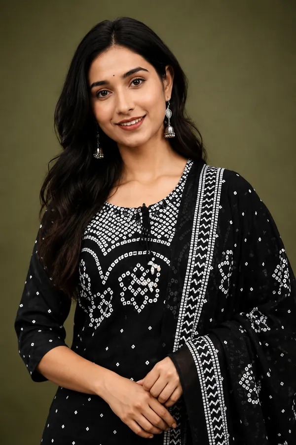 Women_S_Black_White_Bandhani_Print_Kurti_Pant_Dupatta_Set_Black