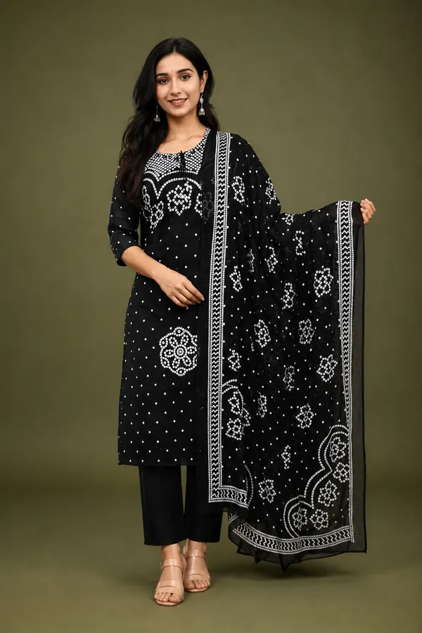 Women_S_Black_White_Bandhani_Print_Kurti_Pant_Dupatta_Set_Black