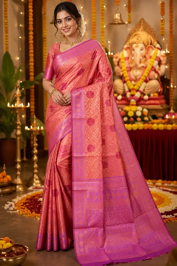 Coral_Pink_Banarasi_Silk_Saree_With_Purple_Zari_Border_Pink