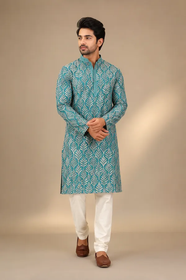 Teal_Leaf_Print_Kurta_With_White_Pajama_Coming_Soon