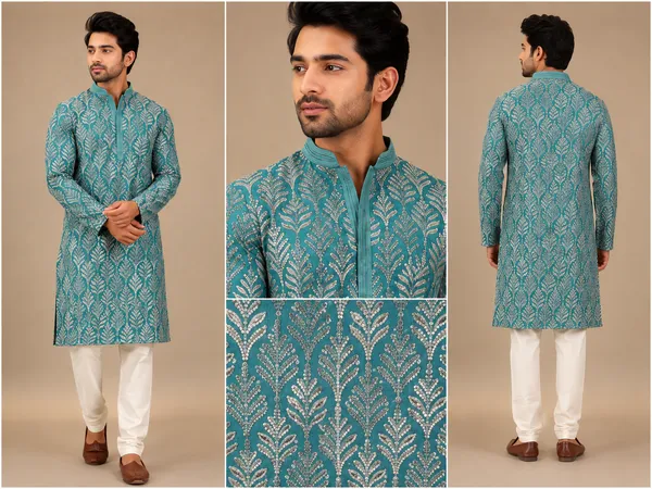 Teal_Leaf_Print_Kurta_With_White_Pajama_Coming_Soon