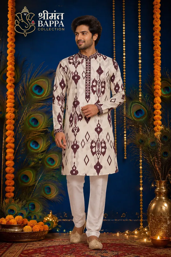 Ivory_Maroon_Ikat_Print_Festive_Kurta_Set