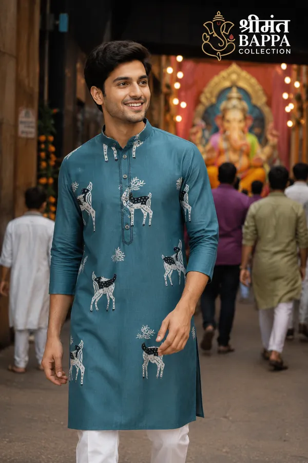 Teal_Deer_Motif_Festive_Only_Kurta