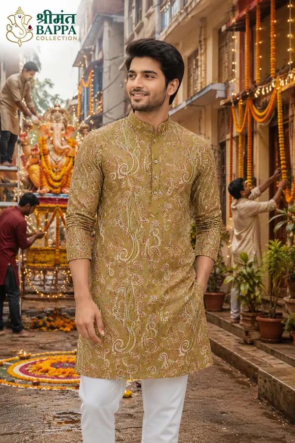 Mustard_Olive_Paisley_Print_Festive_Kurta_Set