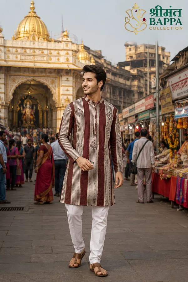 Maroon_Ivory_Striped_Festive_Kurta_Set