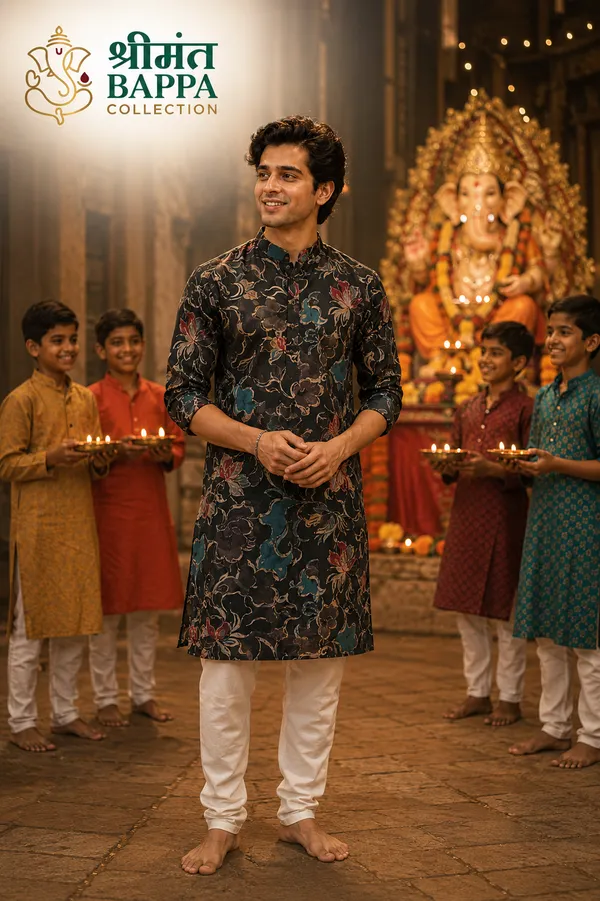 Bappa_Black_Floral_Printed_Festive_Kurta