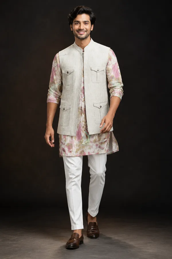 Ivory_Utility_Nehru_Jacket_With_Floral_Kurta_Set_Coming_Soon