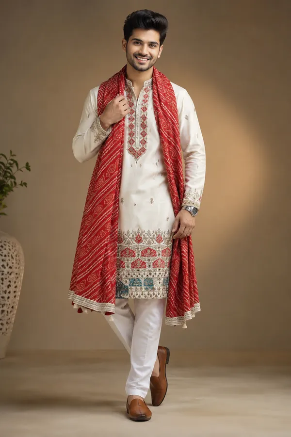Ivory_Embroidered_Kurta_Set_With_Red_Bandhani_Dupatta_Coming_Soon