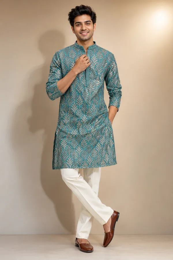 Teal_Blue_Printed_Kurta_With_White_Trousers_Coming_Soon