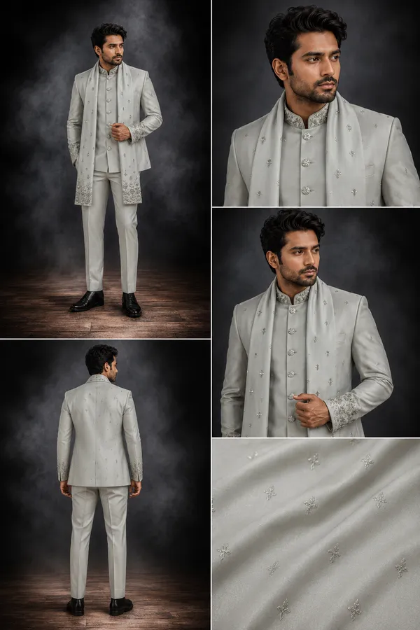 Silver_Grey_Embroidered_Jodhpuri_Suit_With_Stole_Coming_Soon