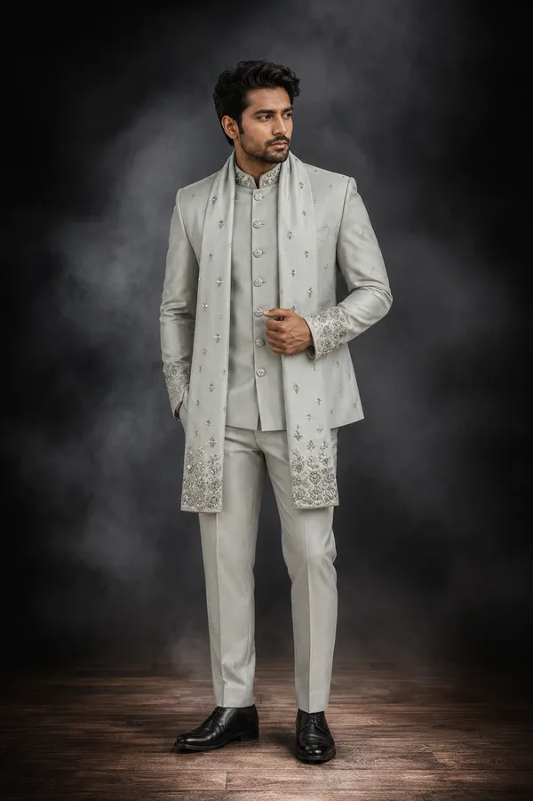Silver_Grey_Embroidered_Jodhpuri_Suit_With_Stole_Coming_Soon