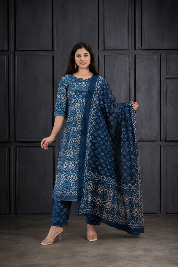 Women_S_Indigo_Blue_Printed_Kurta_Pant_Dupatta_Set_Blue