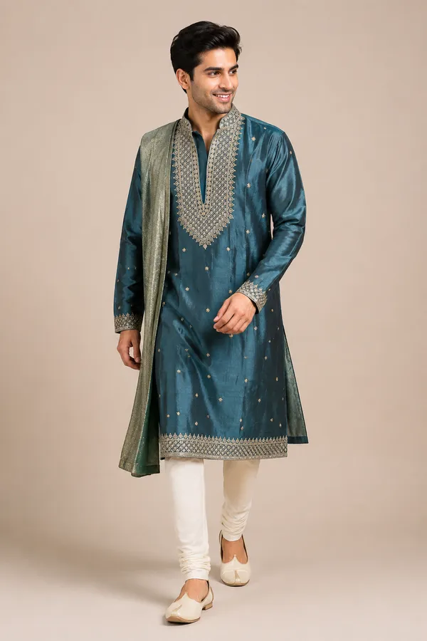 Teal_Blue_Embroidered_Silk_Kurta_With_Dupatta_Coming_Soon