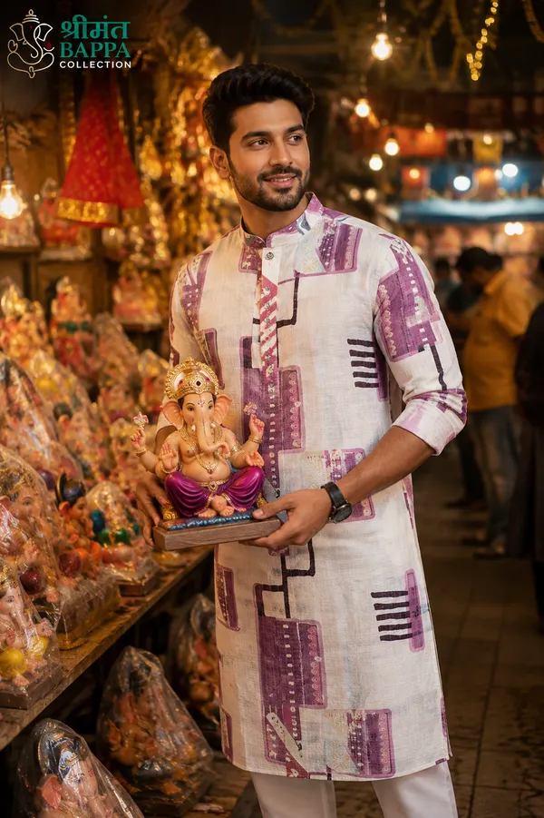 Ivory_Purple_Abstract_Print_Festive_Kurta_For_Men
