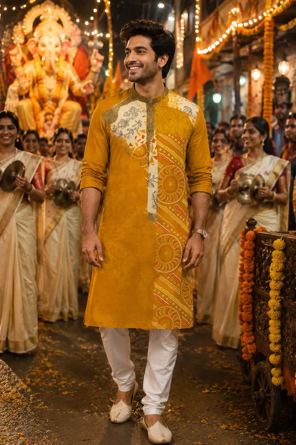 Mustard_Patchwork_Print_Festive_Kurta