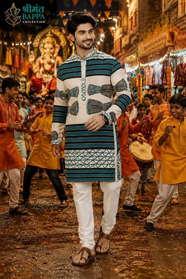 Teal_Bleu_Black_Printed_Festive_Kurta