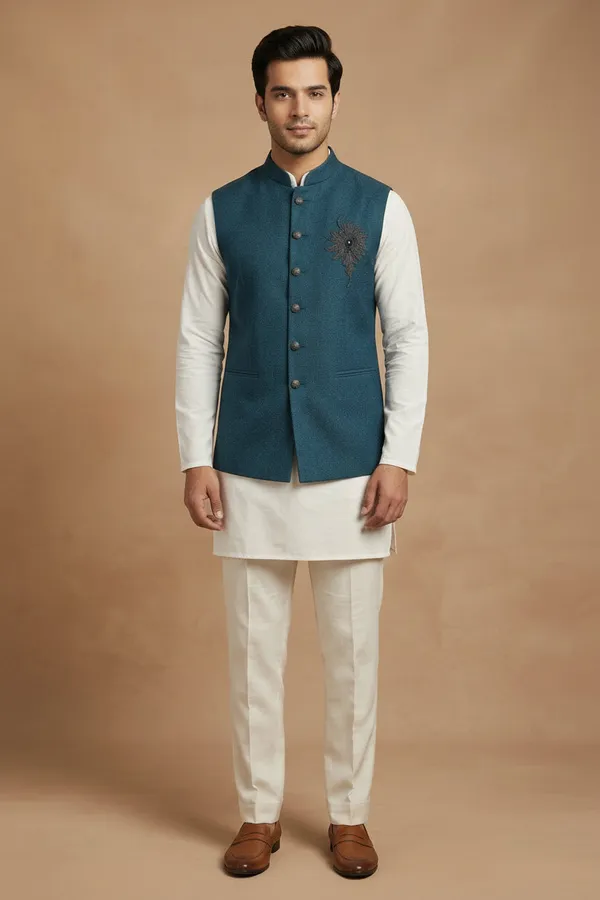 Teal_Blue_Embroidered_Nehru_Jacket_Kurta_Set_Coming_Soon