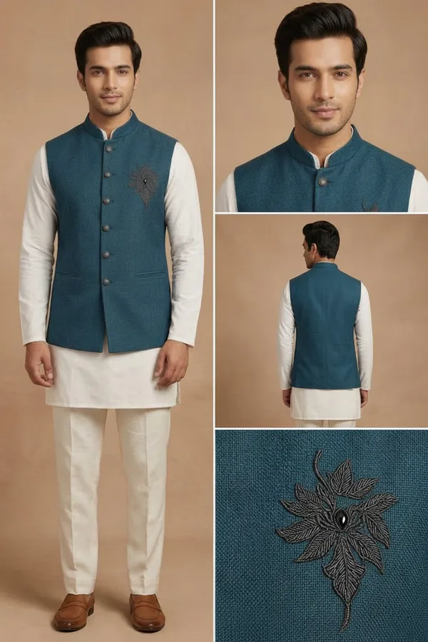 Teal_Blue_Embroidered_Nehru_Jacket_Kurta_Set_Coming_Soon