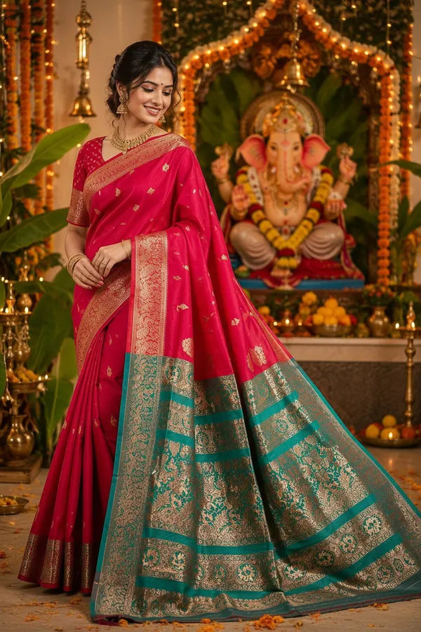Rani_Pink_Teal_Gold_Zari_Festive_Saree_Floral