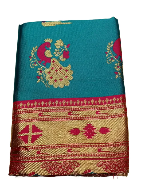 Turquoise_Blue_Paithani_Silk_Saree_With_Rich_Golden_Pallu_Teal_Blue