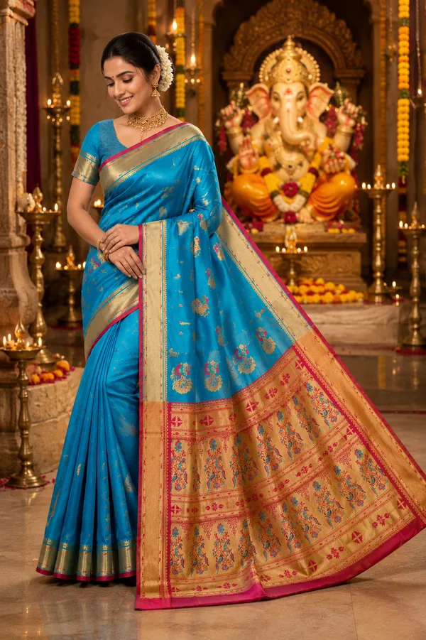 Turquoise_Blue_Paithani_Silk_Saree_With_Rich_Golden_Pallu_Teal_Blue