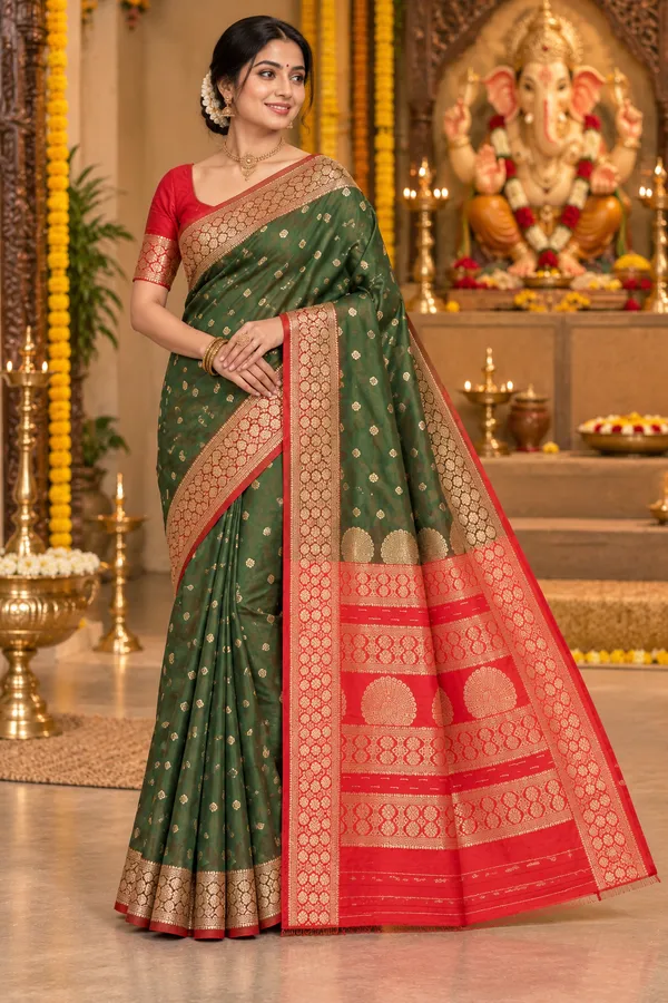 Regal_Green_Red_Zari_Saree_Olive_Green