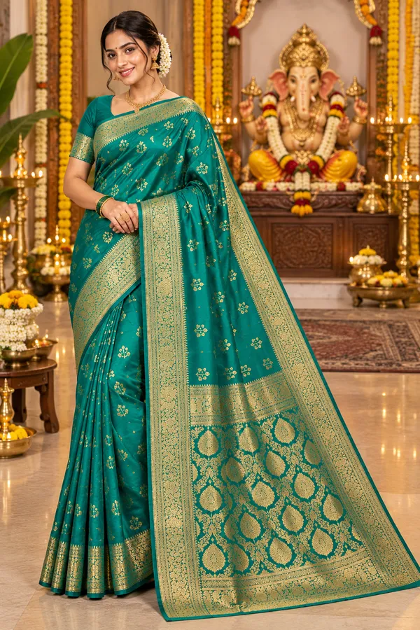 Teal_Green_Banarasi_Silk_Saree_With_Rich_Golden_Zari_Teal_Green