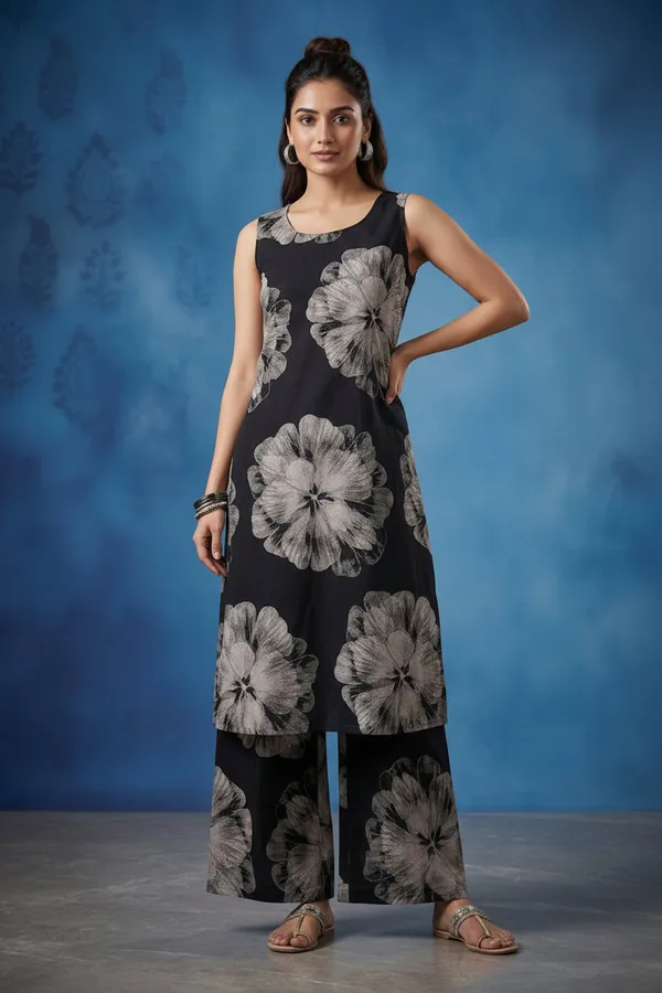 Indigo_Blue_Geometric_Printed_Sleeveless_Kurta_With_Wide_Leg_Palazzo_Set_Black