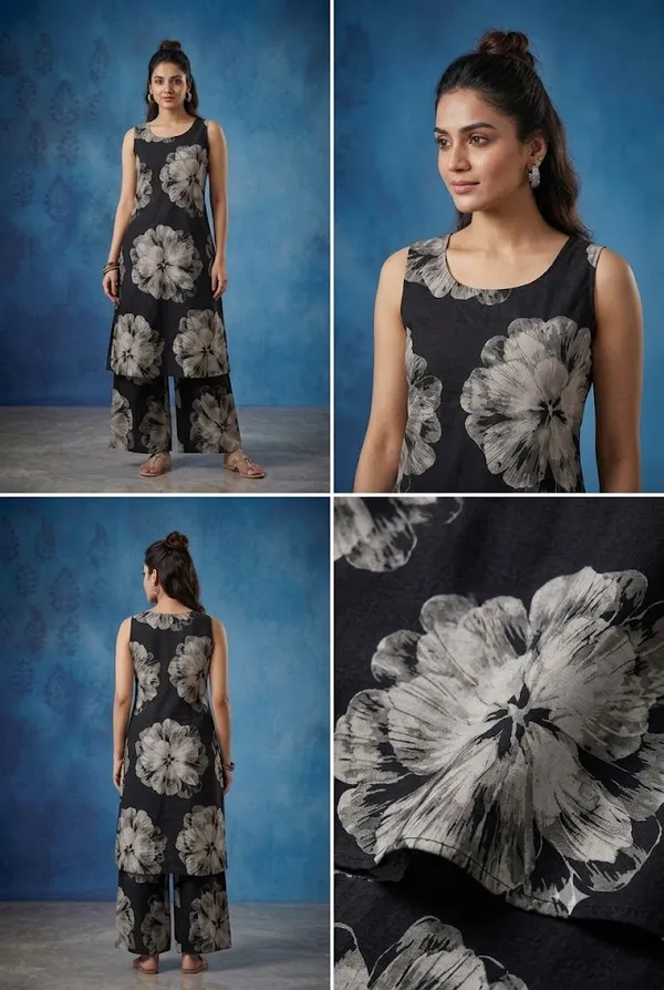 Indigo_Blue_Geometric_Printed_Sleeveless_Kurta_With_Wide_Leg_Palazzo_Set_Black